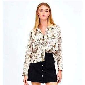 Zara Trf Collection Women's XS Button Down Top Blouse Giraffe Safari Print Satin